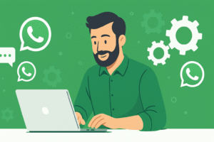 Small‑business owner at laptop surrounded by WhatsApp chat icons and automation gears