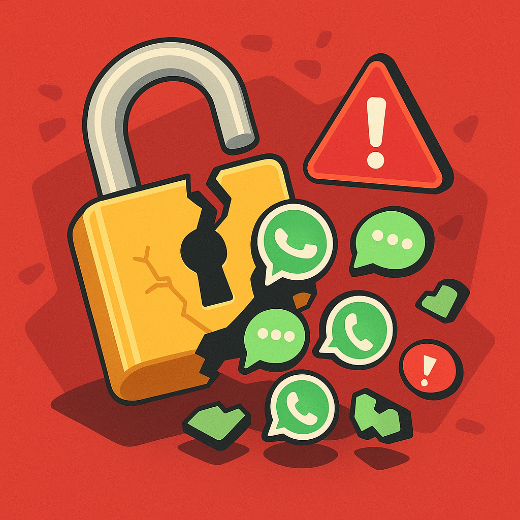 Padlock breaking and exposing WhatsApp messages, symbolizing data breach