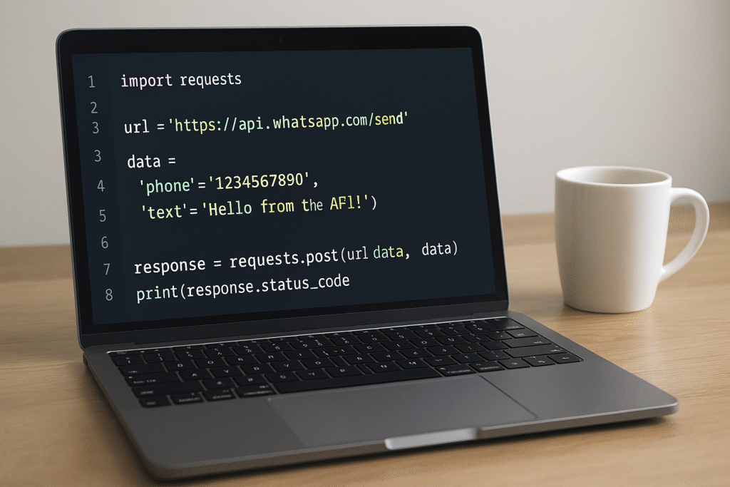 Laptop showing Python code snippet for sending a WhatsApp message