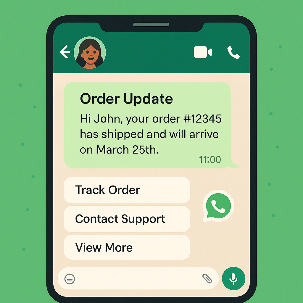 Example WhatsApp chat with personalized message and quick‑reply buttons